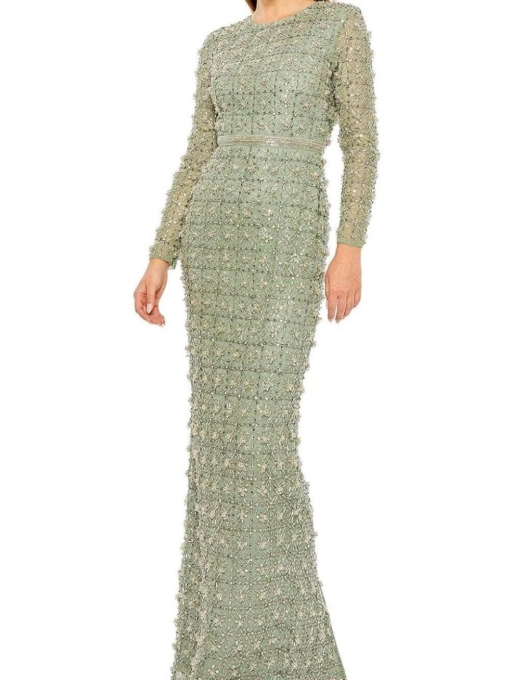 Mac Duggal Jade Green Geometric Beaded Column Evening Dress